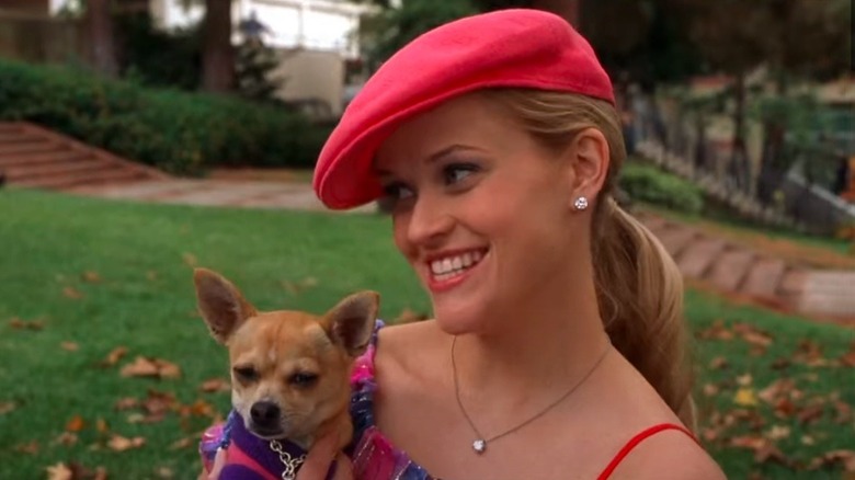 Reese Witherspoon holding dog, smiling