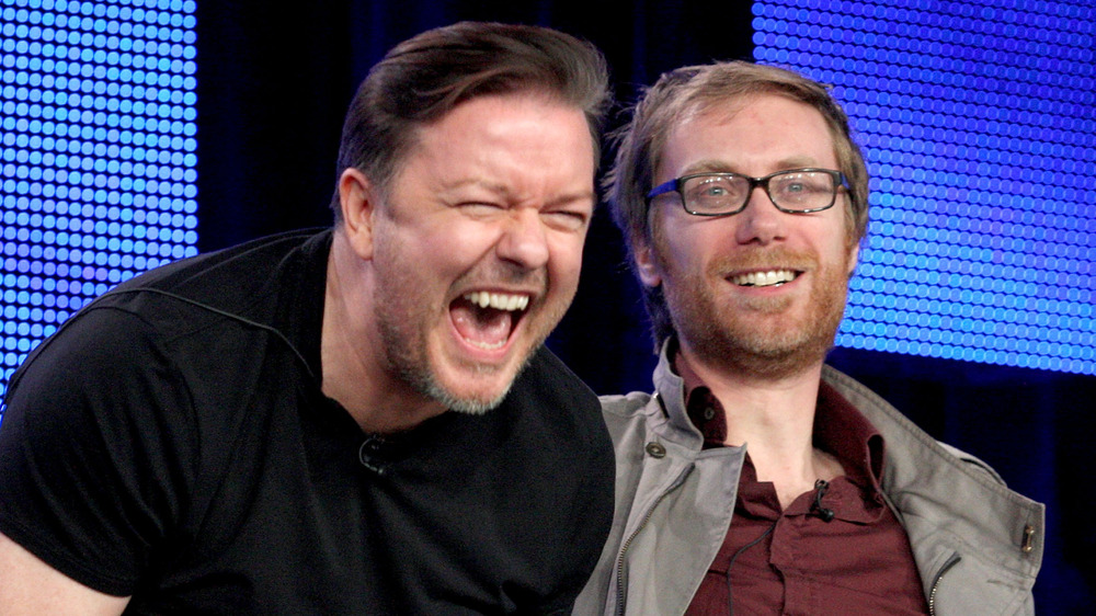 Ricky Gervais laughing with Stephen Merchant