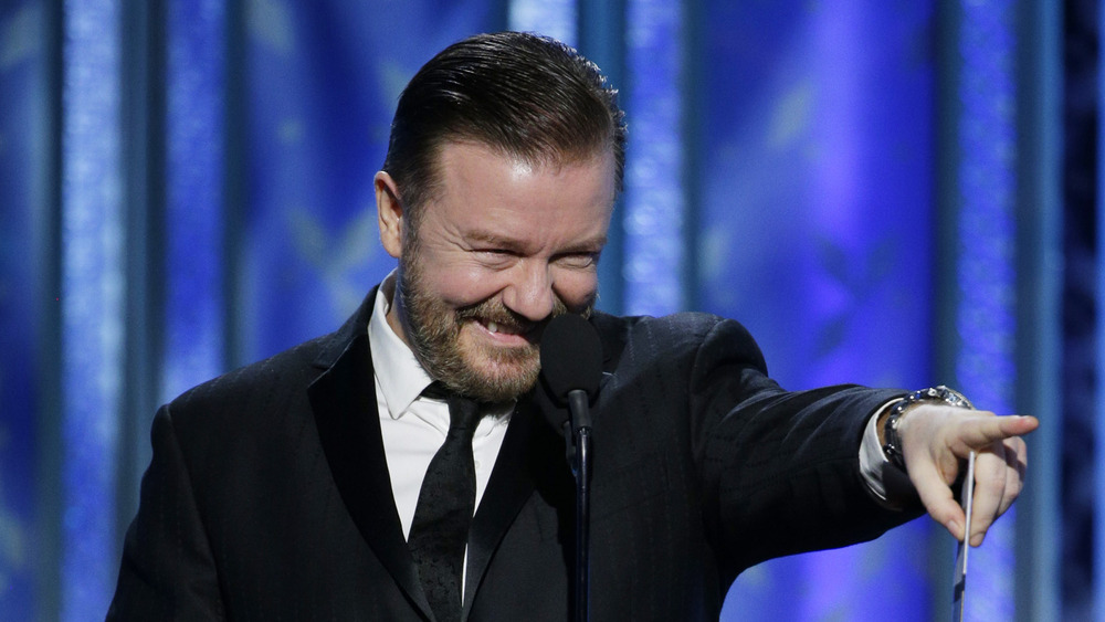 Ricky Gervais pointing during Golden Globes