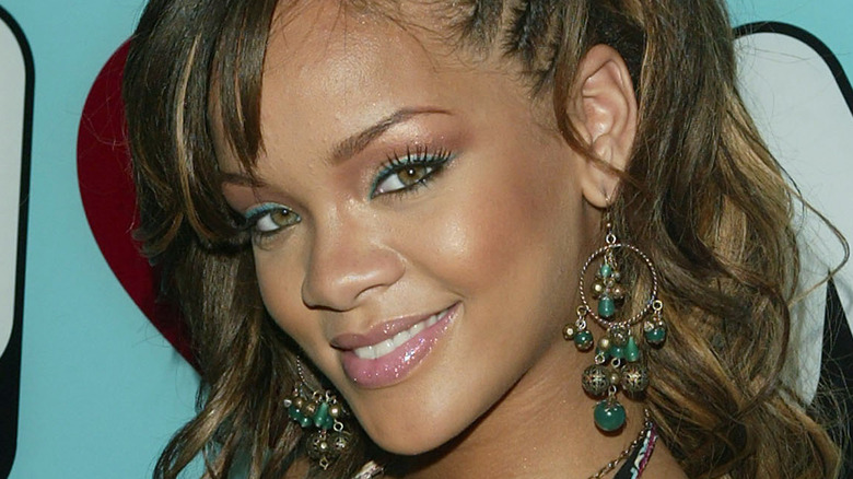 Rihanna wearing sparkly pink lipstick