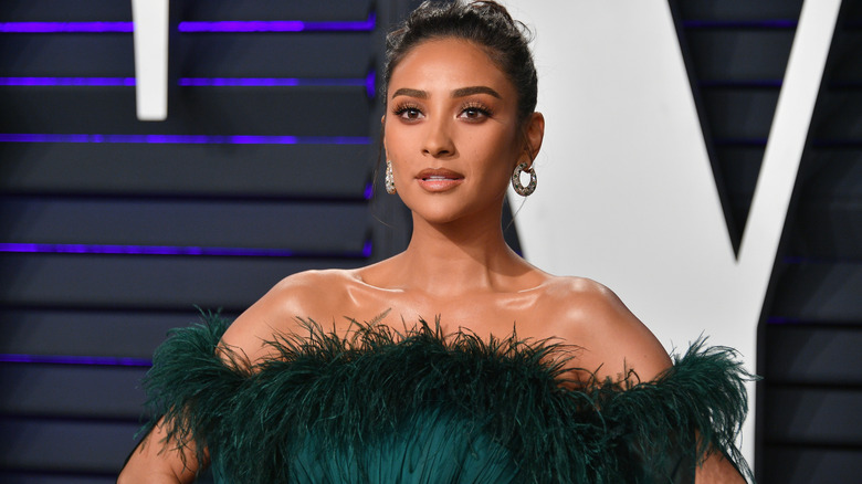 Shay Mitchell green feather dress