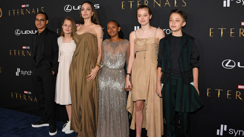 Maddox Jolie-Pitt, Vivienne Jolie-Pitt, Angelina Jolie, Zahara Jolie-Pitt, Shiloh Jolie-Pitt, Knox Jolie-Pitt, posing