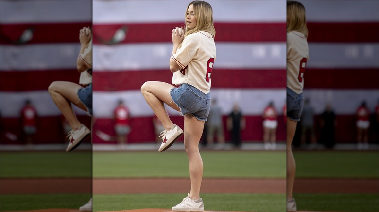 Sydney Sweeney throwing a pitch