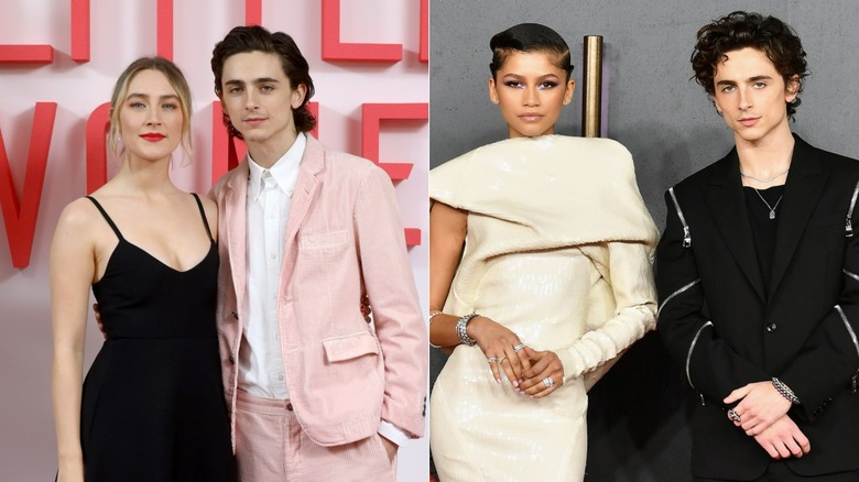 Saoirse Ronan and Timothee Chalamet posing, Zendaya and Timothee Chalamet posing