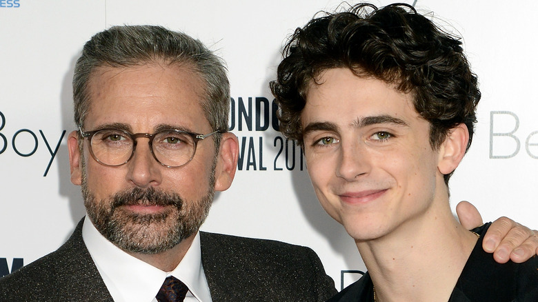 Steve Carell and Timothee Chalamet posing together