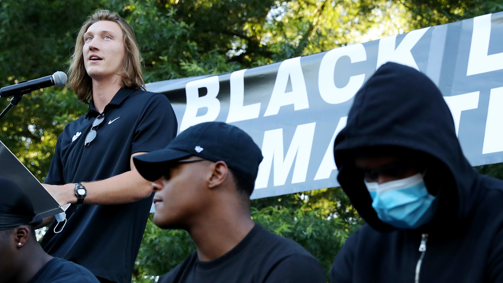 Trevor Lawrence speaking at a Black Lives Matter event 