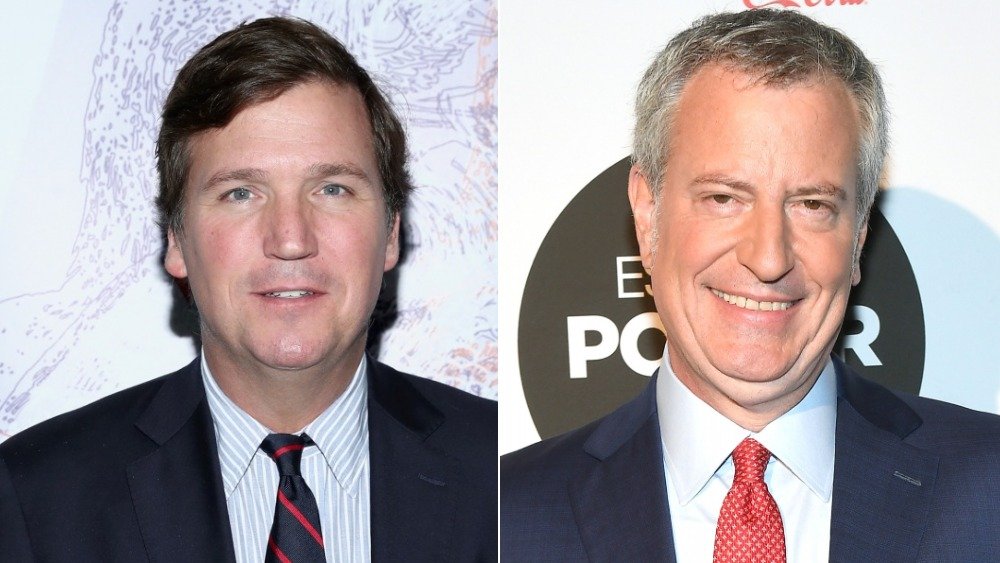 Split image of Tucker Carlson and Bill de Blasio smiling at events