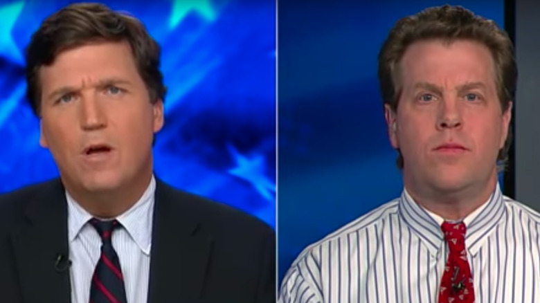 Split image of Tucker Carlson and Erik Wemple, both with serious expressions, on Fox News