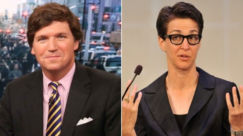 Split image of Tucker Carlson smirking, Rachel Maddow speaking with her hands