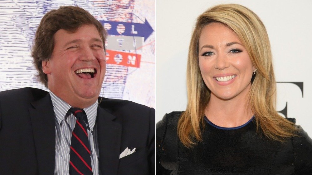 Split image of Tucker Carlson laughing, Brooke Baldwin in a black top, smiling at an event