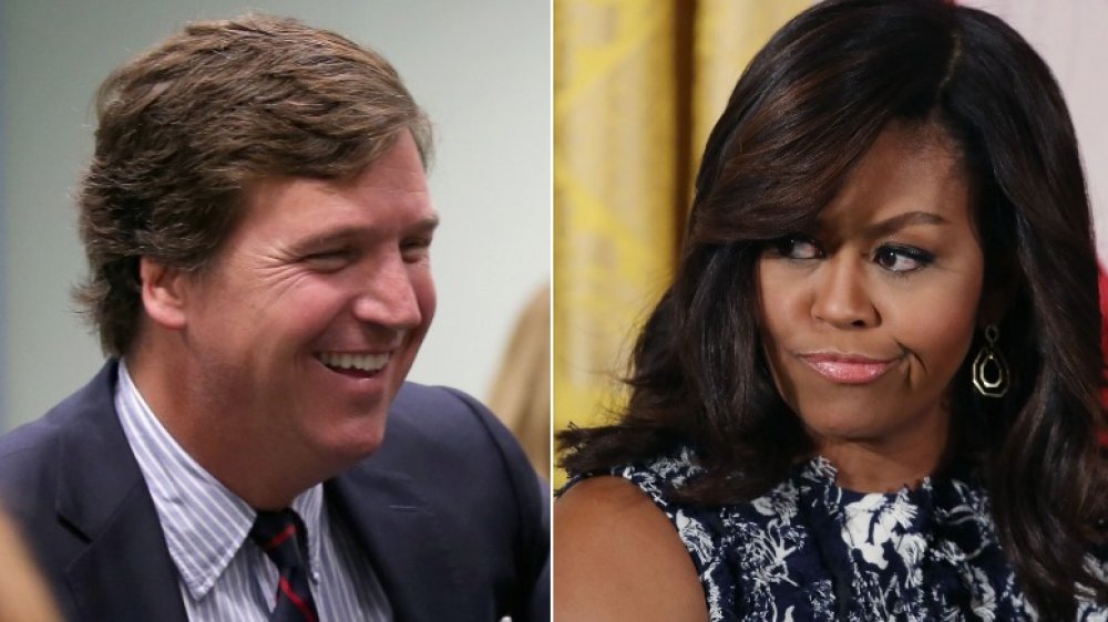 Split image of Tucker Carlson laughing, and Michelle Obama looking unimpressed