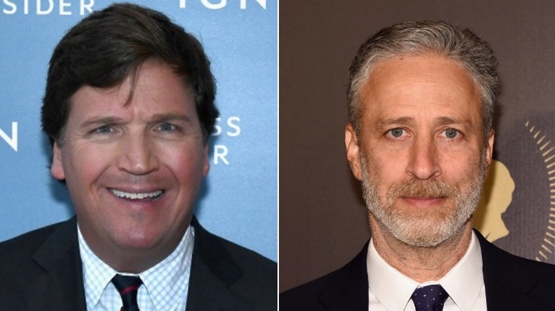 Split image of Tucker Carlson half-smiling, Jon Stewart with a neutral expression