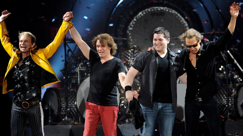 David Lee Roth, Eddie Van Halen, Wolf Van Halen, Alex Van Halen all on stage