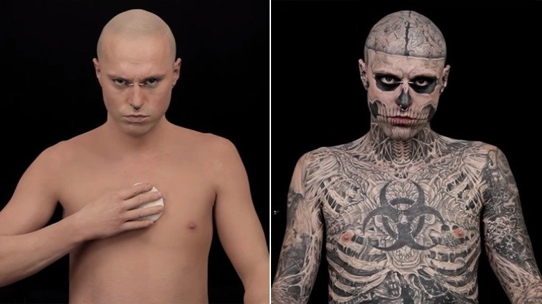 Zombie Boy's before and after in Dermablend's advert