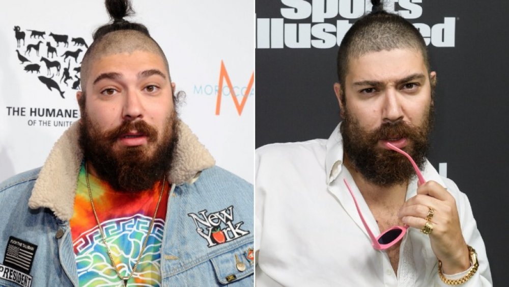 The Fat Jew in a denim jacket on left, holding pink sunglasses on right