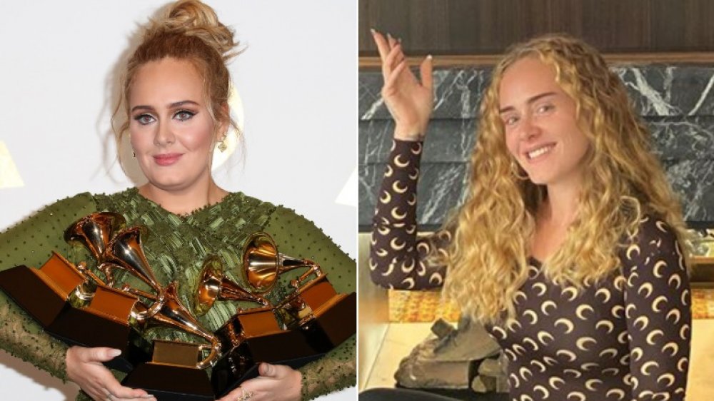 Adele on left holding Grammys, posing and smiling on the right