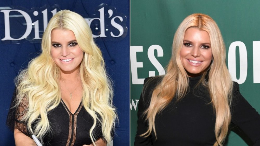 Jessica Simpson in a black, low cut dress on the left, in a black turtleneck on the right