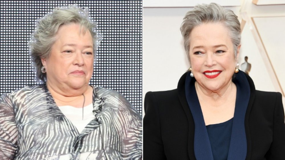 Kathy Bates at a panel discussion for American Horror Story: Coven on the left, and slimmed down at the Oscars on the right