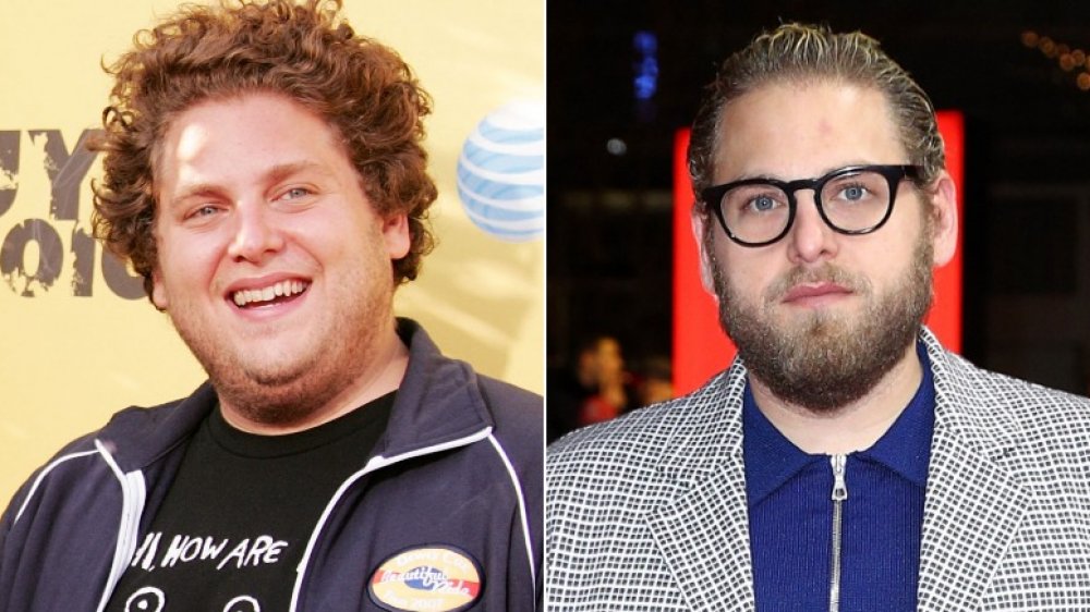 Young Jonah Hill smiling on left, Jonah Hill with black glasses on right