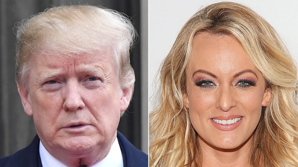 Donald Trump in France in 2018; Stormy Daniels at XBIZ Awards in 2019