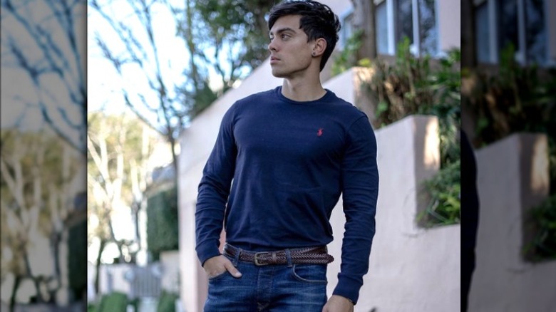 John Pearce Instagram pic Ralph Lauren long sleeve shirt, jeans, braided belt