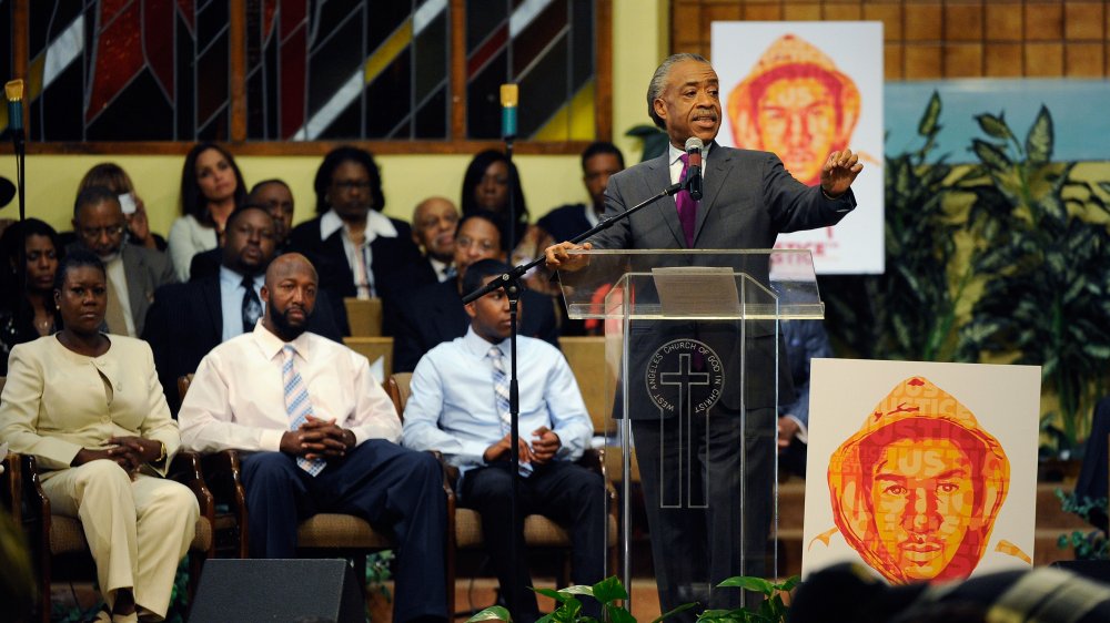 Al Sharpton speaking at a rally at the West Los Angeles Church in Christ for the two-year anniversary of the death of Trayvon Martin