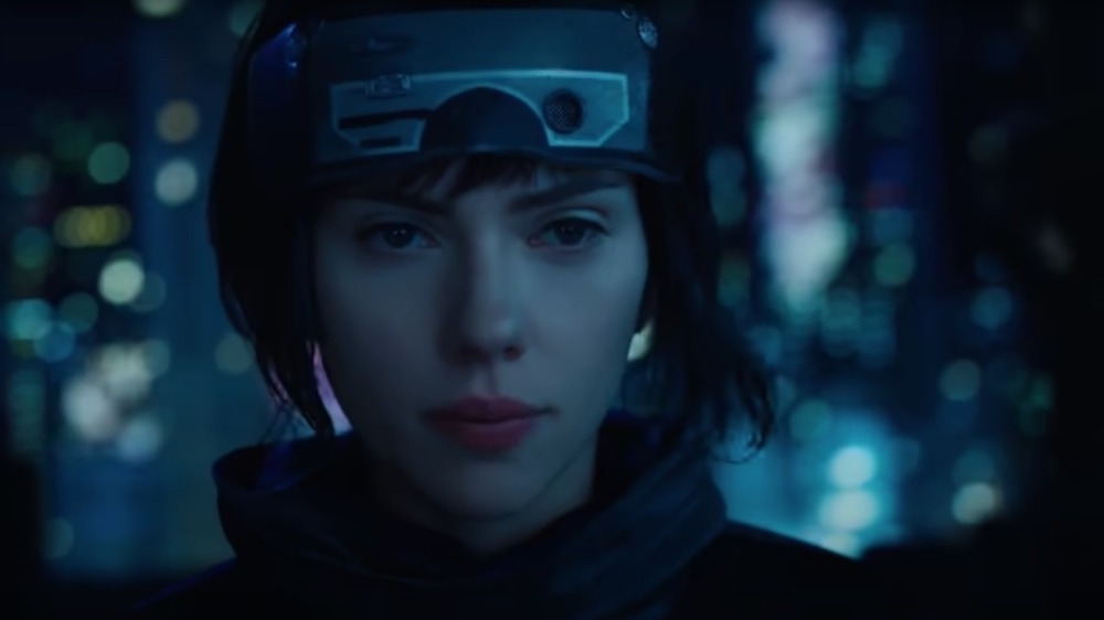 Scarlett Johansson in Ghost in the Shell, looking at camera