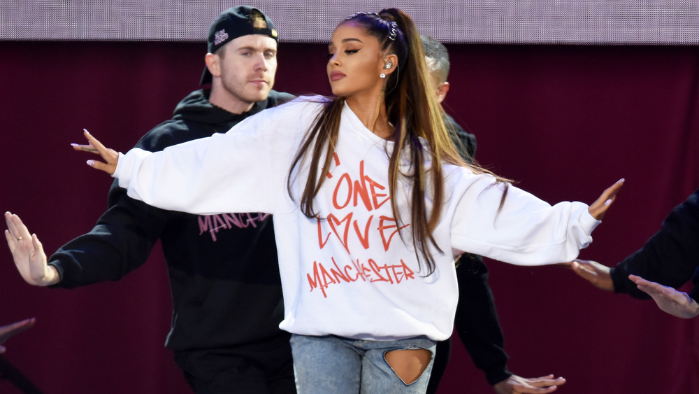 Ariana Grande performs on stage during the One Love Manchester Benefit Concert