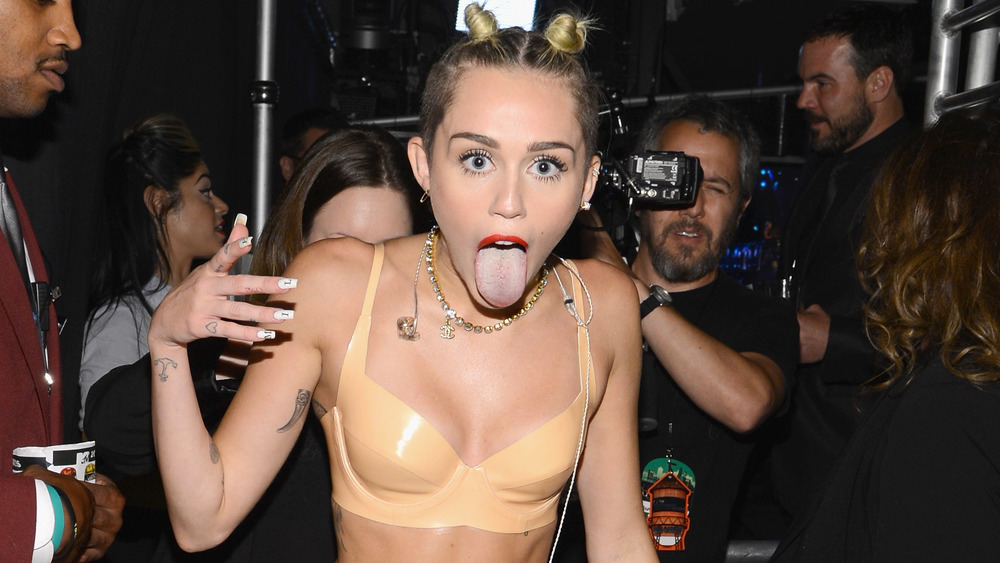 Miley Cyrus sticking her tongue out at the 2013 VMAs