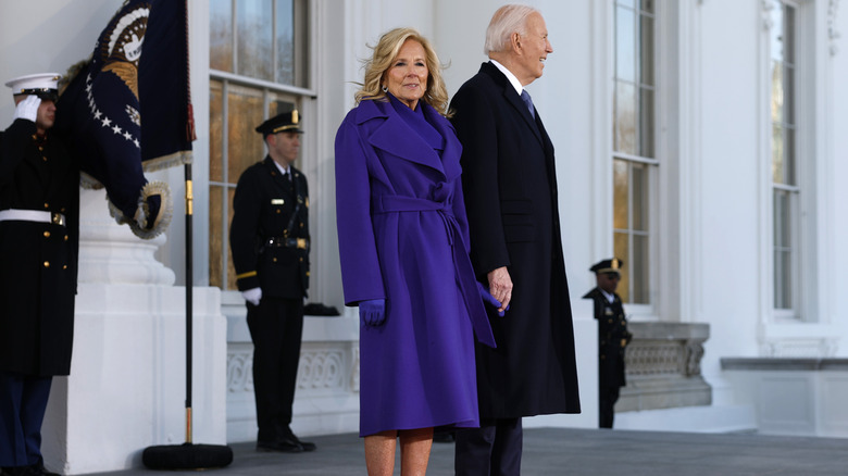 Jill Biden wearing a purple wrap coat