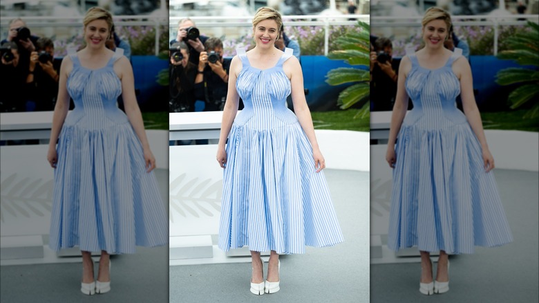 Greta Gerwig wearing striped dress