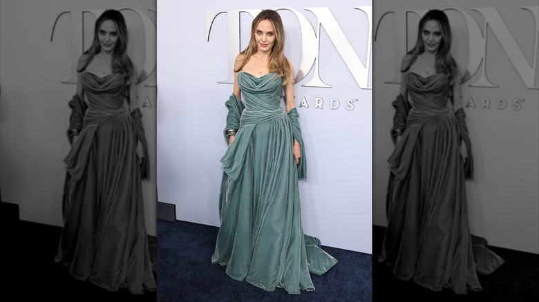 Angelina Jolie green ruched dress