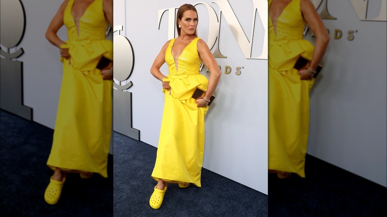 Brooke Shields yellow dress crocs