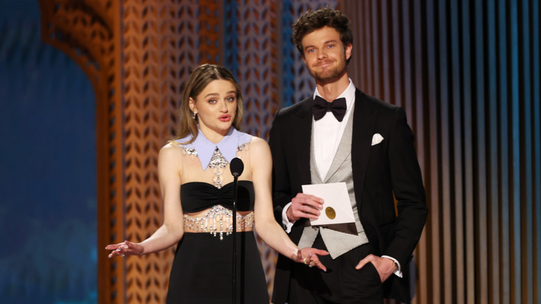 Joey King and Jack Quaid speaking onstage during the 31st Annual Screen Actors Guild Awards at Shrine Auditorium and Expo Hall