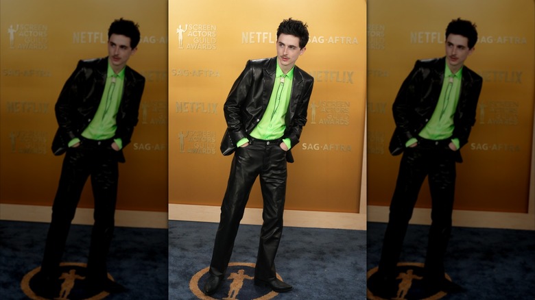 Timothée Chalamet posing at the 31st Annual Screen Actors Guild Awards at Shrine Auditorium and Expo Hall