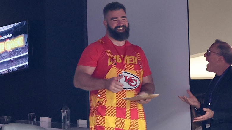 Jason Kelce yellow red dungarees