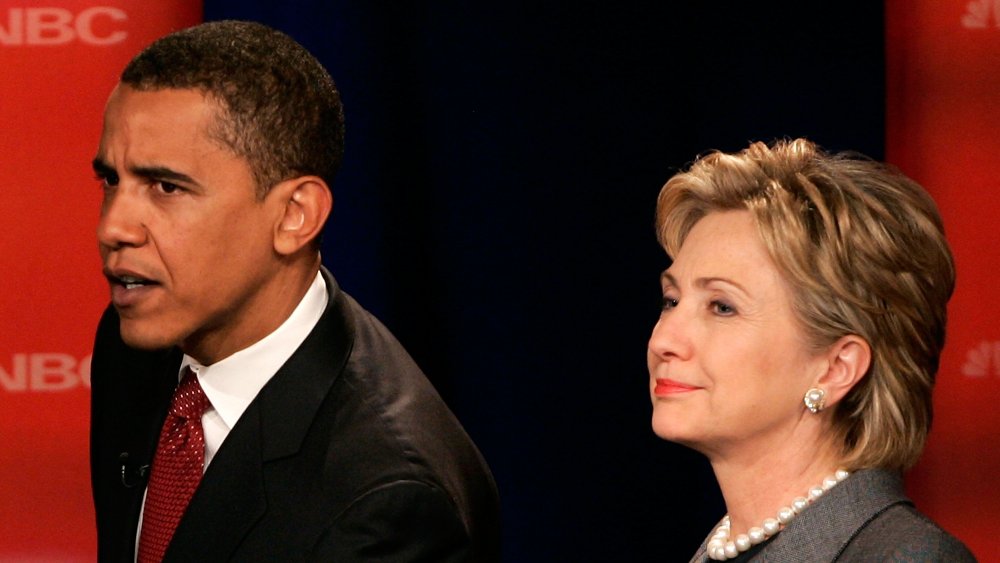 Barack Obama and Hillary Clinton speaking to crowd