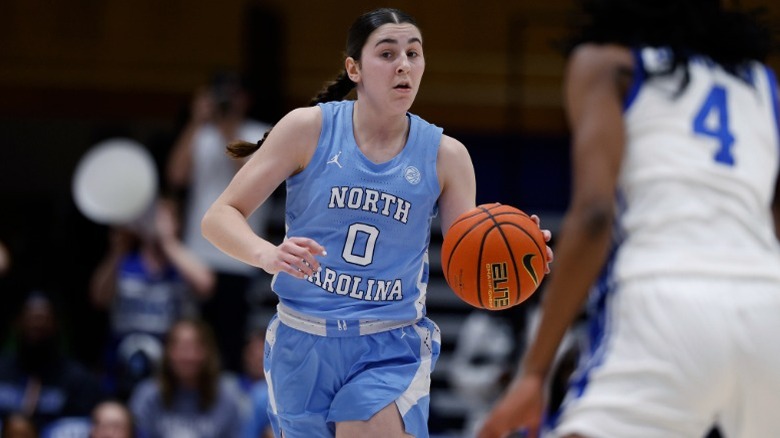 Lanie Grant #0 of the North Carolina Tar Heels dribbles a ball in Durham, NC (2025)