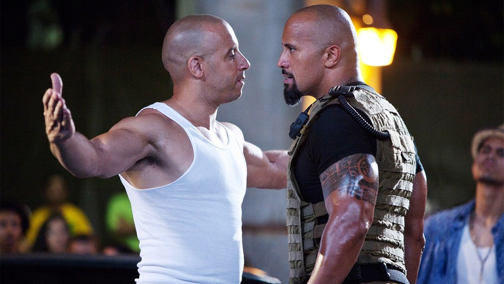 Vin Diesel and Dwayne Johnson in a scene from Fast Five 