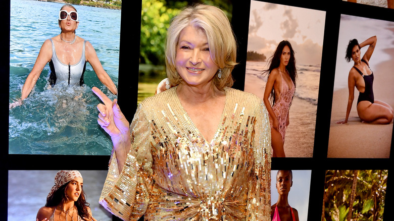 Martha Stewart pointing at one of her Sports Illustrated pictures.