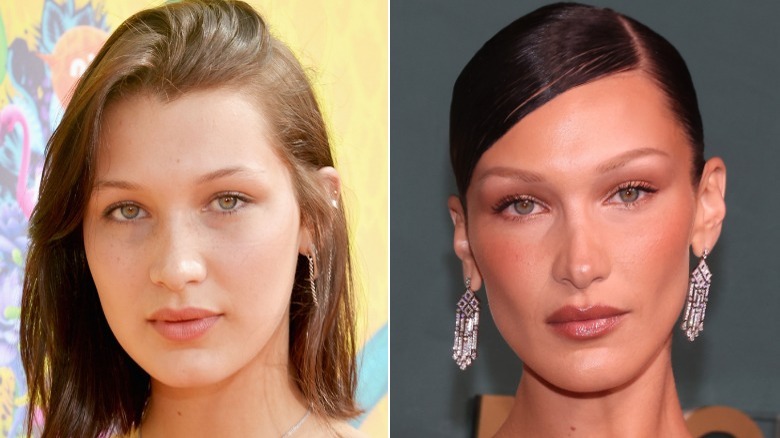 Split image of Bella Hadid posing for pictures