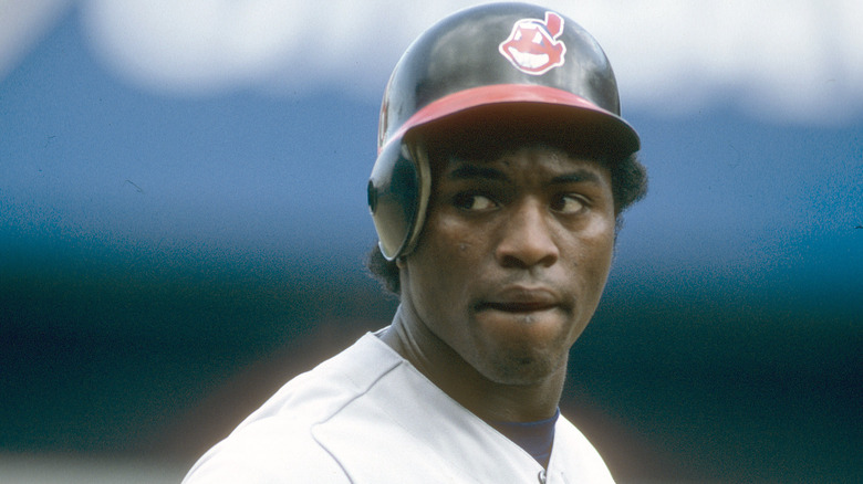 Mel Hall wearing a batting helmet for the Cleveland Indians