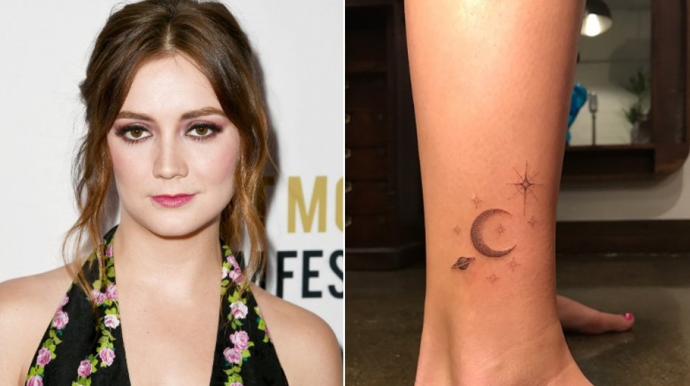 Billie Lourde close up on left, her tattoo on right