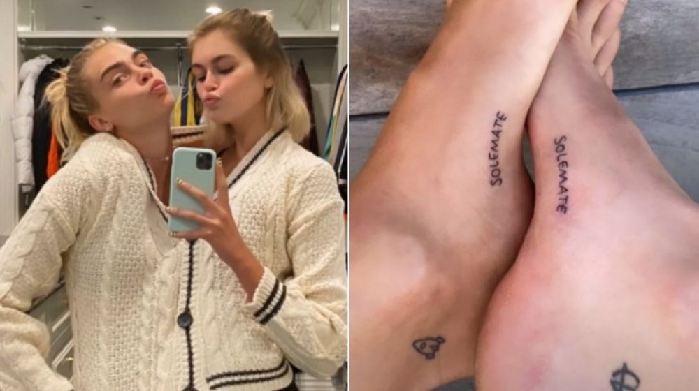 Cara Delevingne and Kaia Gerber in a selfie on left, their tattooed feet on right