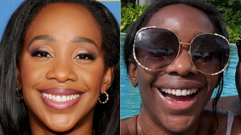 Split image of Abby Phillip with makeup and in the pool without makeup