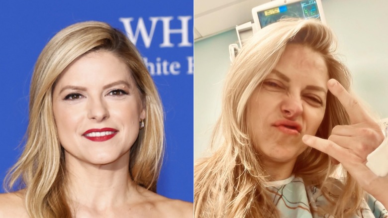 Split image of Kate Bolduan wearing makeup on the red carpet and without makeup in a hospital