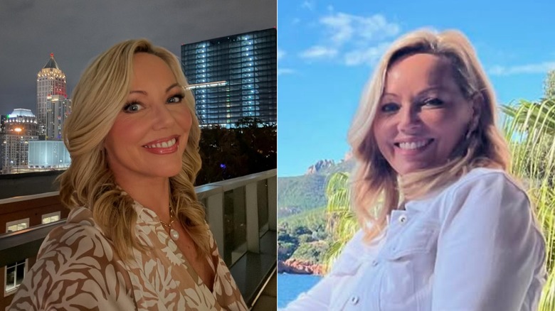 Split image of Rosemary Church with makeup and cityscape background and without makeup in France