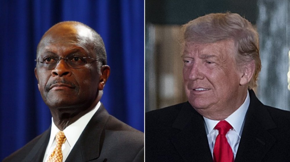 Herman Cain at a press conference in 2011; Donald Trump at the White House in 2020