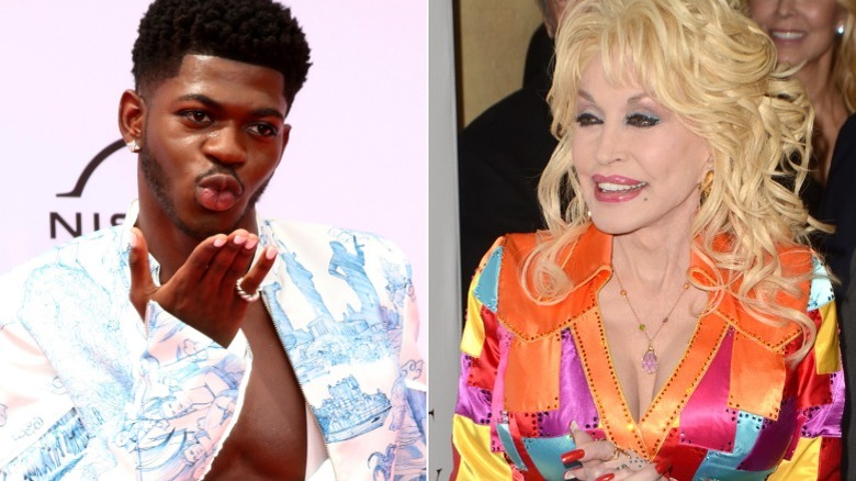 Lil Nas X blowing a kiss, Dolly Parton on a red carpet