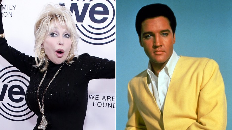 Dolly Parton, Elvis Presley split image